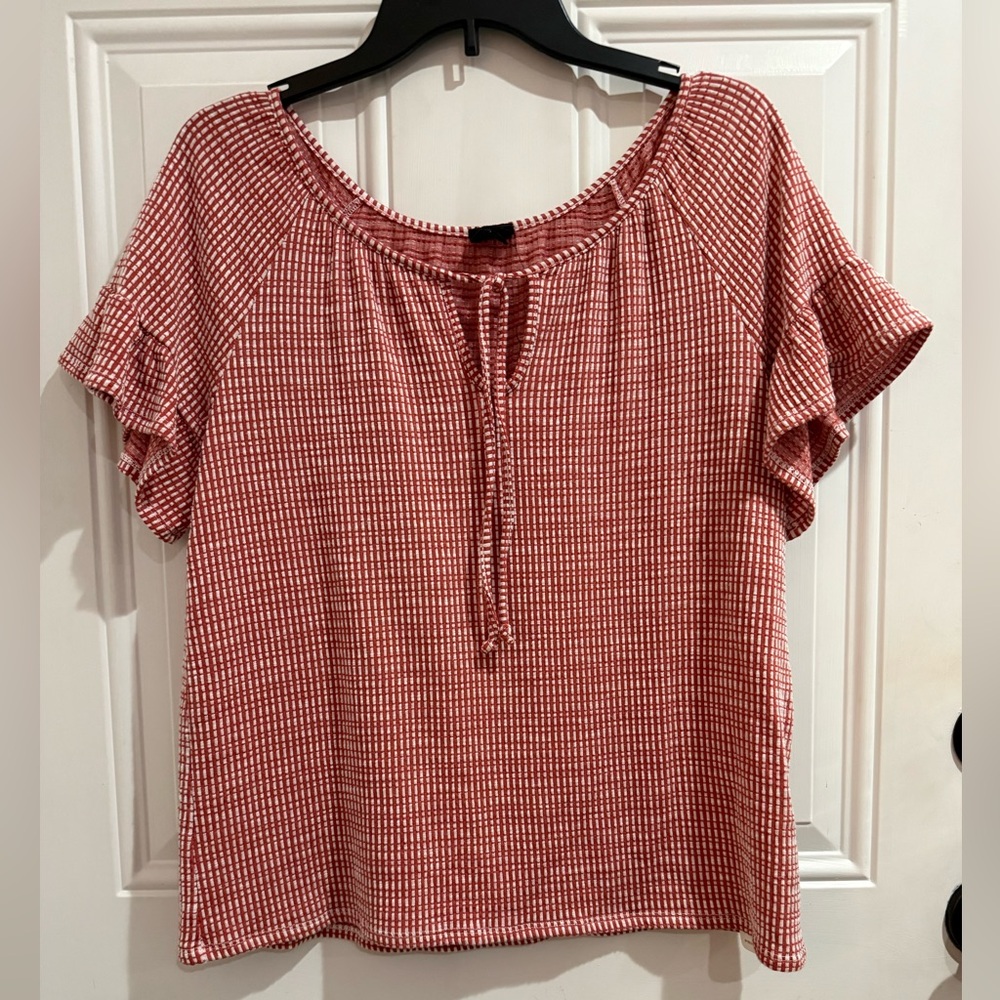 W5 Womens Orange White Checkered Front Keyhole Tie Ruffle Short Sleeve Blouse M